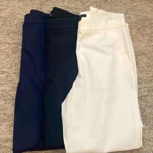 Set of three woman’s Theory pull on pants in gray navy and cream